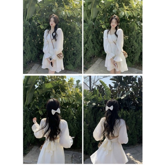 Đầm voan tơ cổ vuông thắt nơ lưng tay bo loe