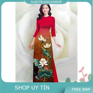 Sét áo dài lụa truyền thống in hoa sen & chim cò