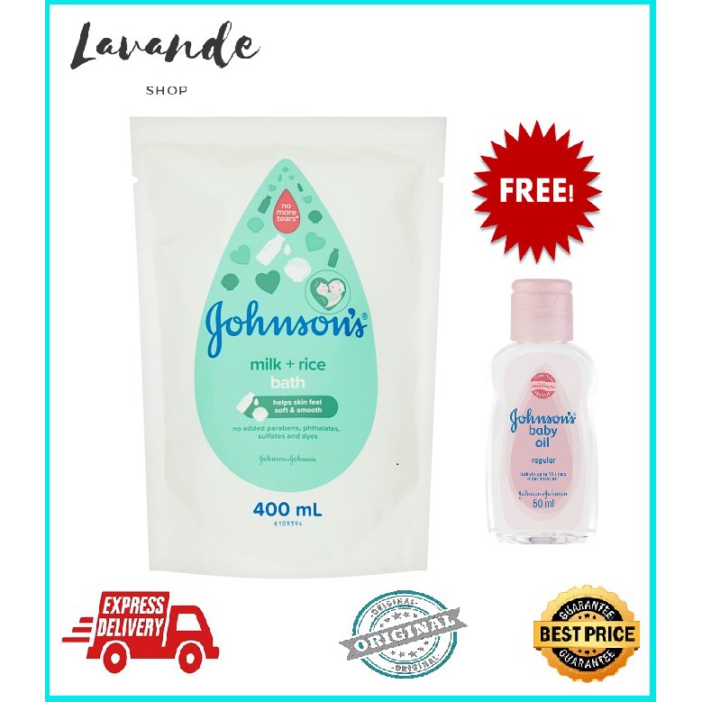 Johnson 's Milk N Rice Refill 400ml Free Johnson' S Baby Oil Soap 50ml