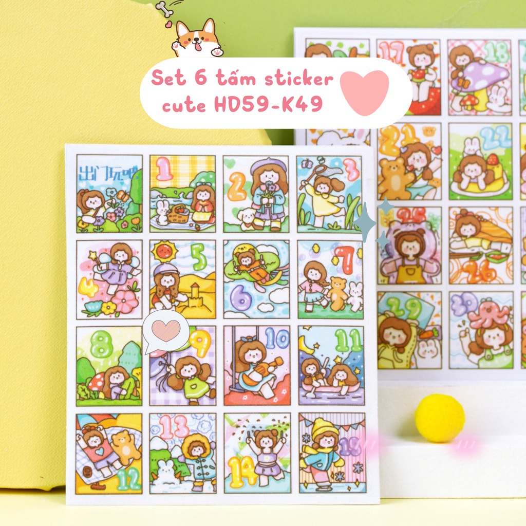 Sticker cute set 6 tấm dán sổ dán mũ bảo hiểm dán xe dán tường dán điện thoại HD59-K49