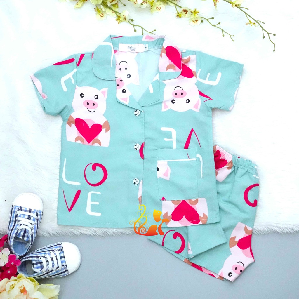 Bộ Đồ Mặc Nhà &quot;Heo  - Tim&quot; Pijama Kate Thái - Cho Bé 8 - 38kg.