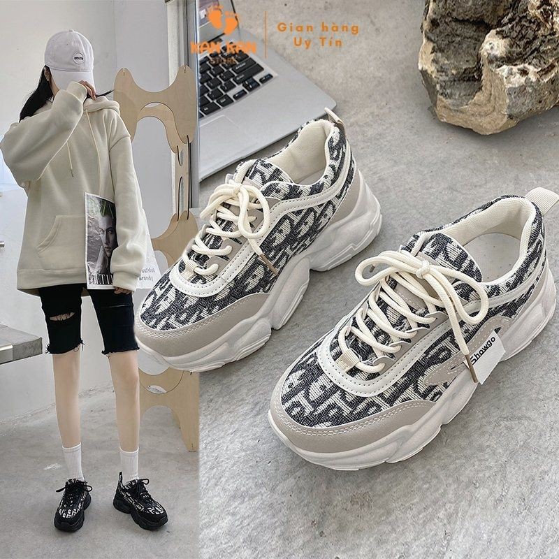 Giày Nữ Sneaker Thể Thao Trắng Đen Độn Đế Cao 5Phân KA051 KanKanStore