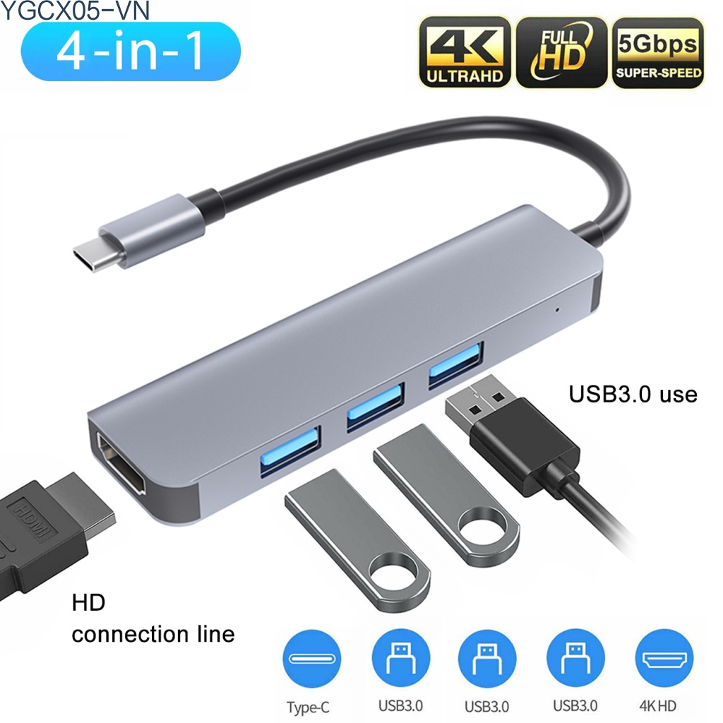 Bộ Chuyển Đổi Usb C Sang 4k Hdmi 4 Trong 1 Tốc Độ Cao 5gbps Usb 3.0 Hub Cho Laptop | BigBuy360 - bigbuy360.vn