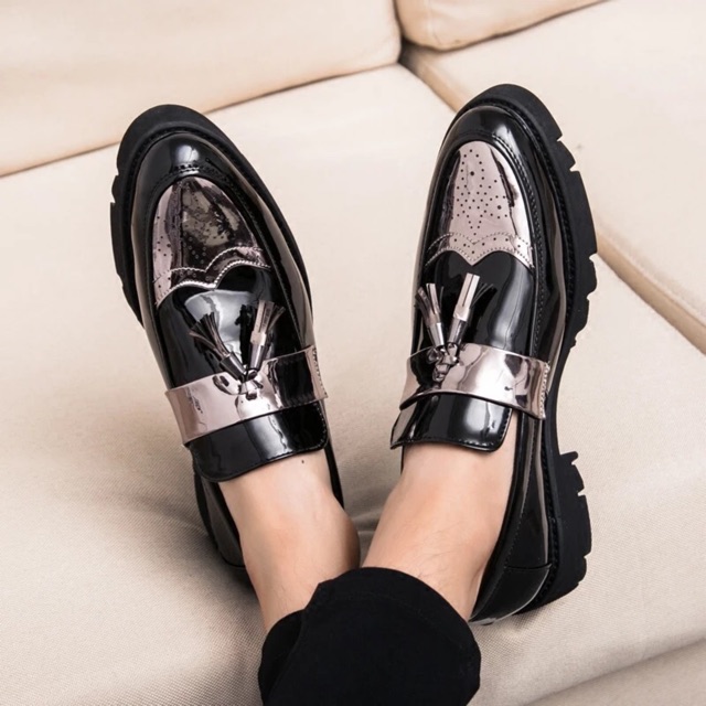 Giày da thời trang tăng cao 6cm - lười đai nơ bạc | BigBuy360 - bigbuy360.vn