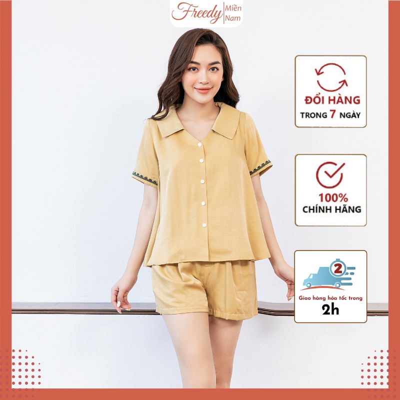 Đồ mặc nhà, bộ ngắn tay lụa vàng thêu tay thiết kế Freedy