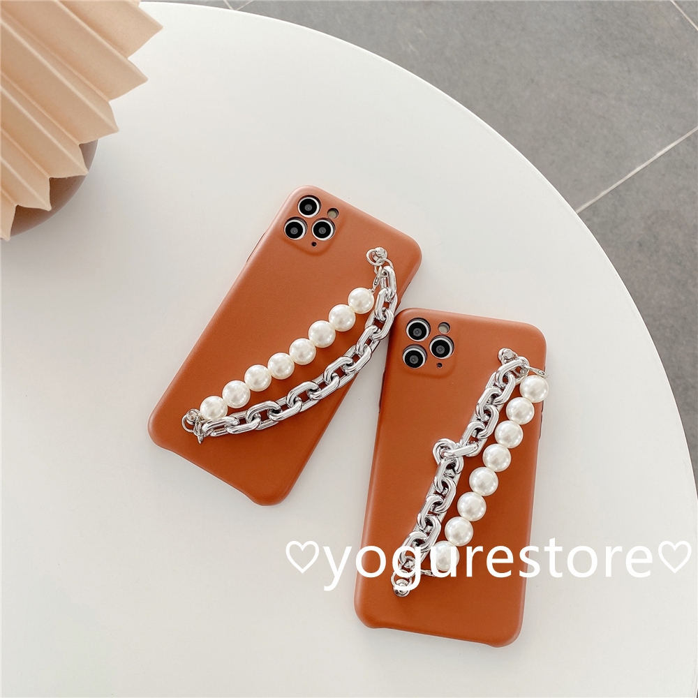 Fashion Pearl Silver Bracelet Caramel Colour Leather Soft Phone Case Cover for iPhone 12 Mini 12 Pro Max 11 Pro Max X XS XR XSMax 8 7 Plus SE 2020