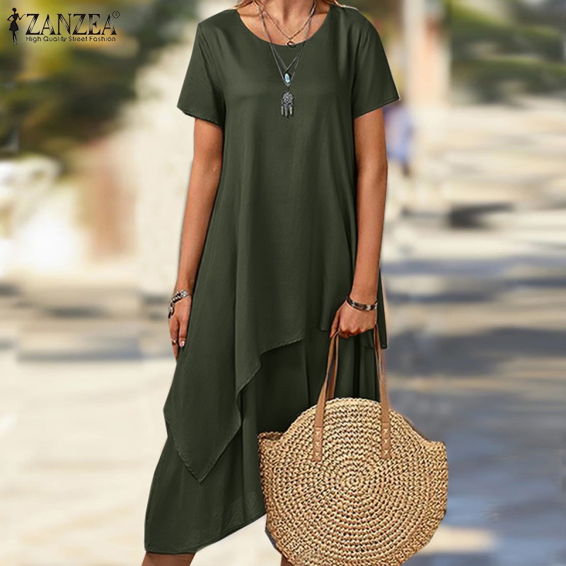 Zanzea Đầm Tay Ngắn Cổ Tròn Vạt Trước Và Sau Thời Trang Dành Cho Nữ