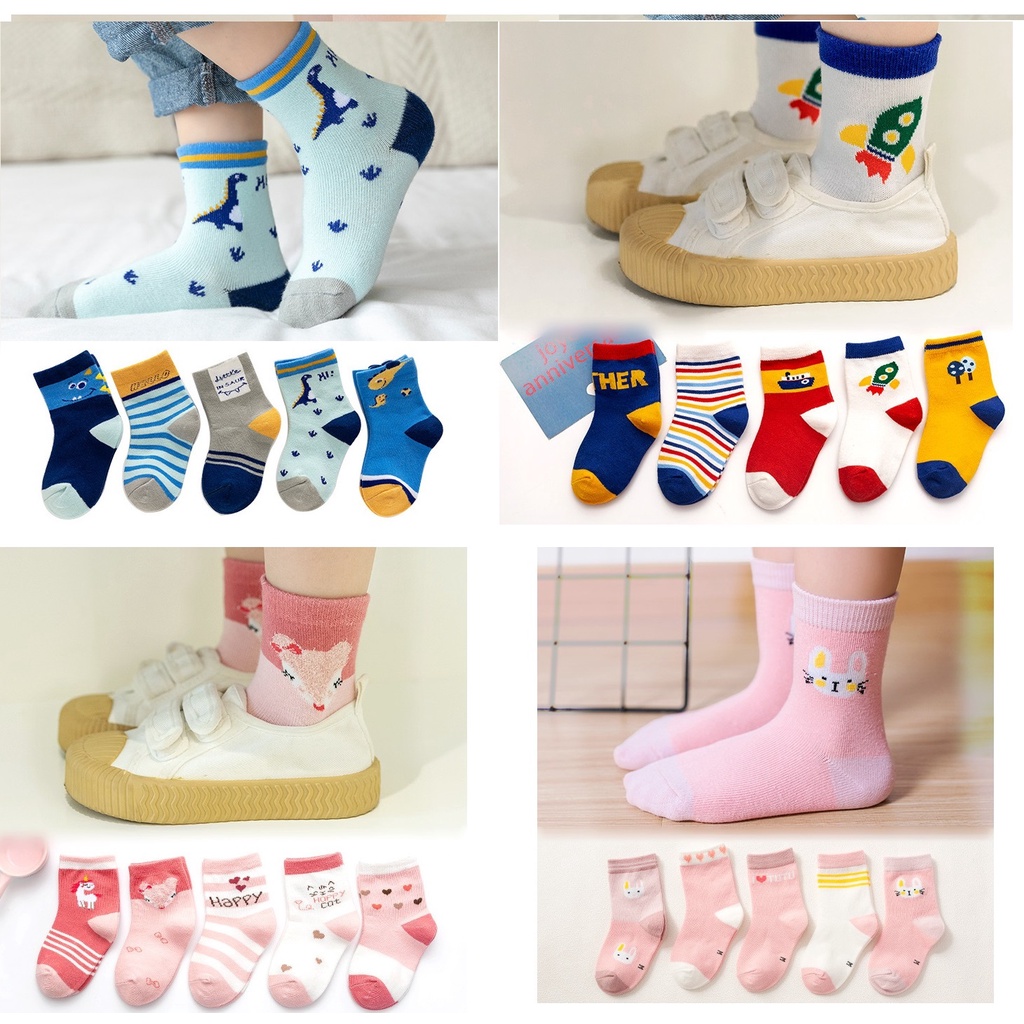 Set 5 Tất Cho Bé Trai Bé Gái In Hình Đáng Yêu Dày Ấm Cao Cổ Chất Cotton