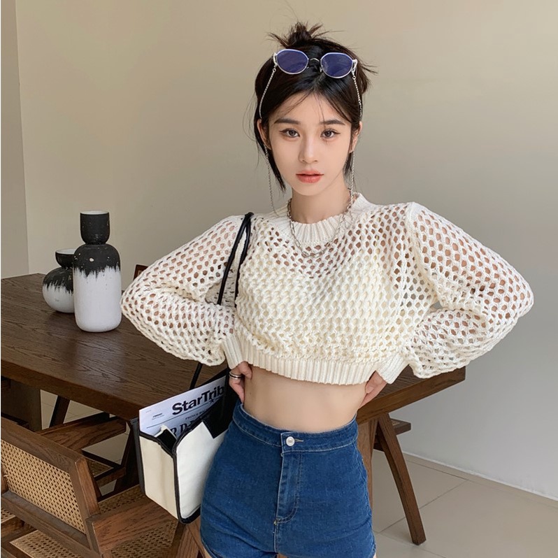 Áo croptop dài tay phối len đan cá tính A377