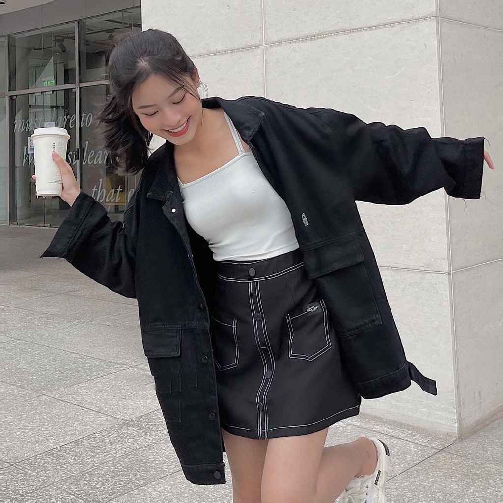 Áo Khoác Jean Nữ JEM CLOSET Form Rộng Màu Đen Mix Đồ Đa Dạng Phong Cách TINNAL 1965
