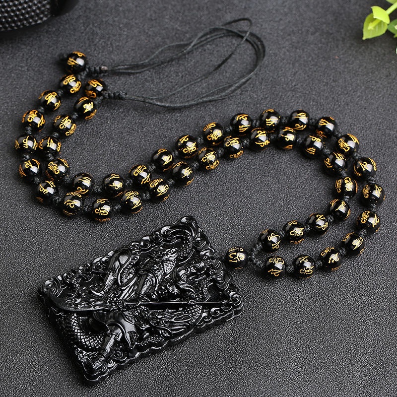 Dây Chuyền Đá Obsidian Nhân Tạo Mặt Quan Công Hai Mặt Phong Cách Thần Giá Wucai Cho Nam Và Nữ