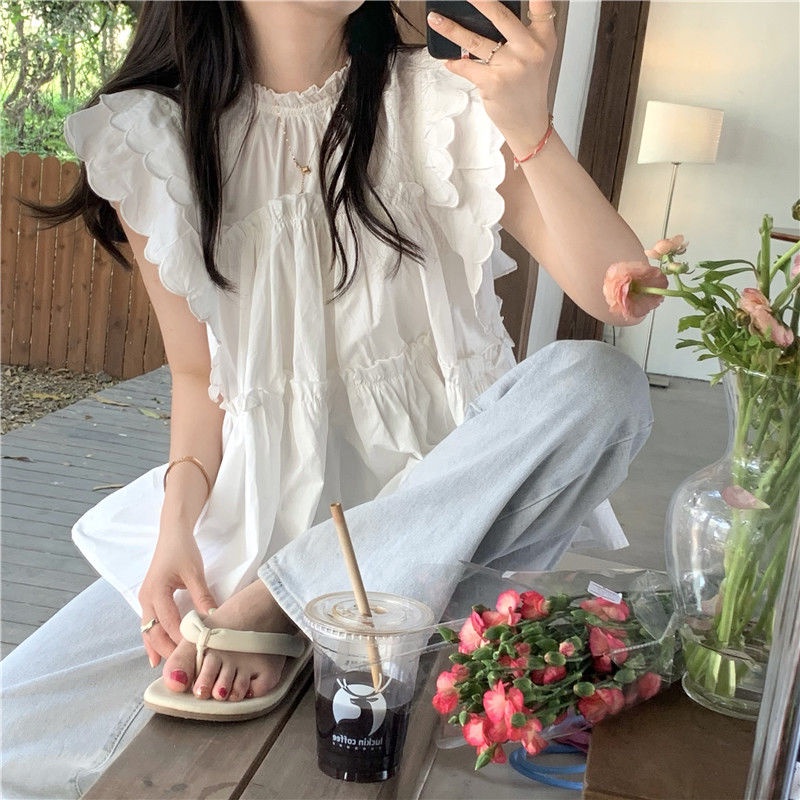Áo Sơ Mi Trắng Dáng Rộng Xếp Ly Phối Bèo Dễ Thương Thời Trang Mùa Hè Cho Bạn Gái