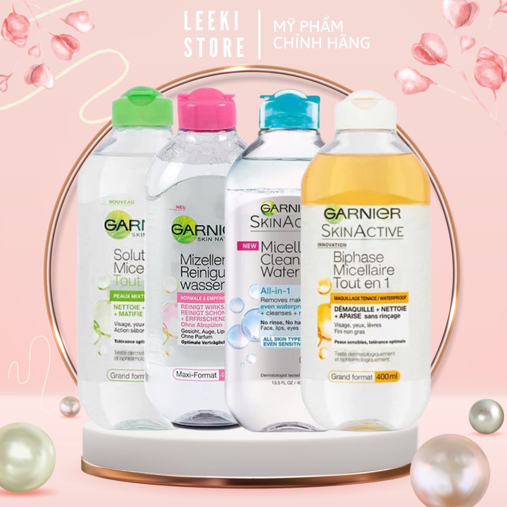 Nước tẩy trang Garnier xanh / Hồng / xanh lá/ vàng / xanh dương / da dầu mụn Pháp 400ml