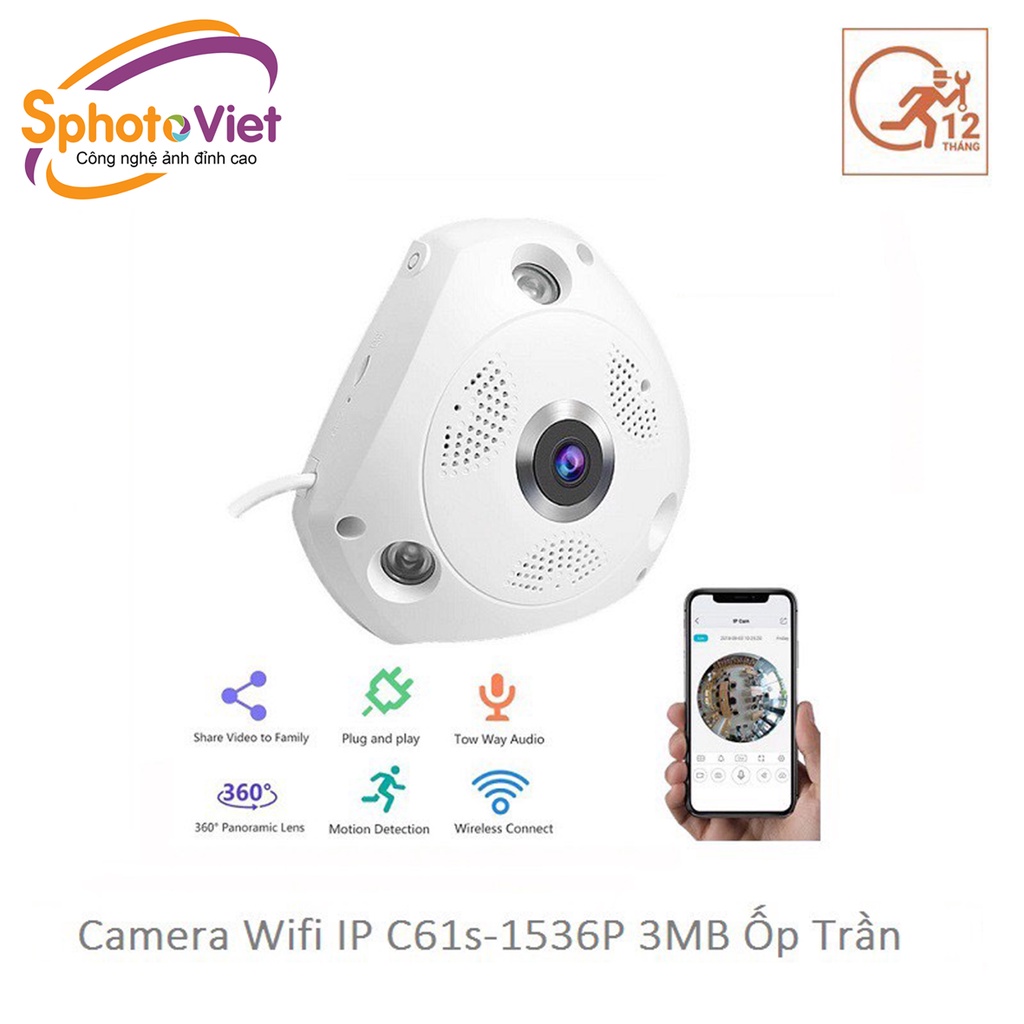 Camera wifi IP Vstarcam C61s FHD 1536P  ốp trần, góc rộng 180 độ, toàn cảnh 360