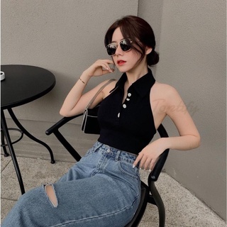 Áo croptop nữ body sát nách TOPTIFY polo cổ bẻ hở lưng Polo Button Top A162