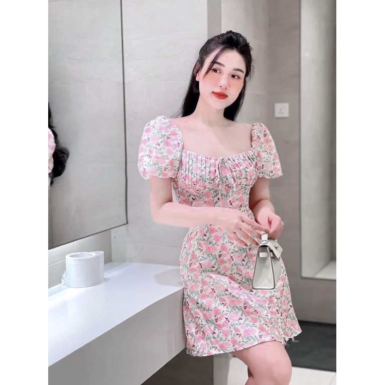 Váy hoa nhí cúp ngực tay bồng đầm hoa dáng ngắn chữ a