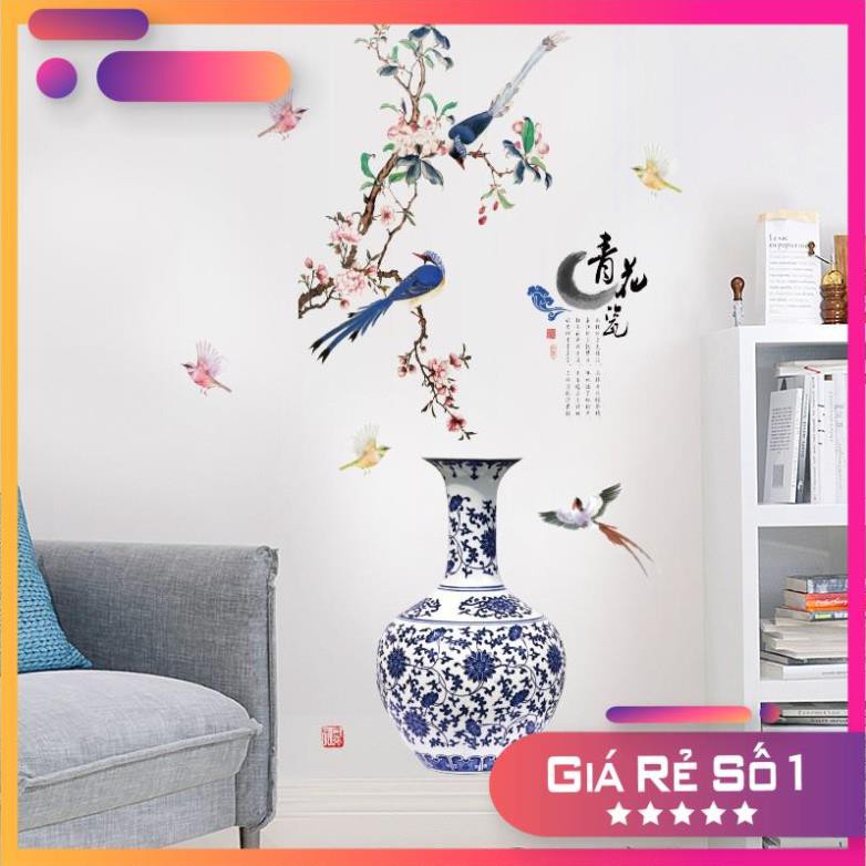 [GIÁ SẬP SÀN] Tranh dán tường bình hoa chim chóc, Decal bình sứ, Tranh 3D trang trí phòng khách