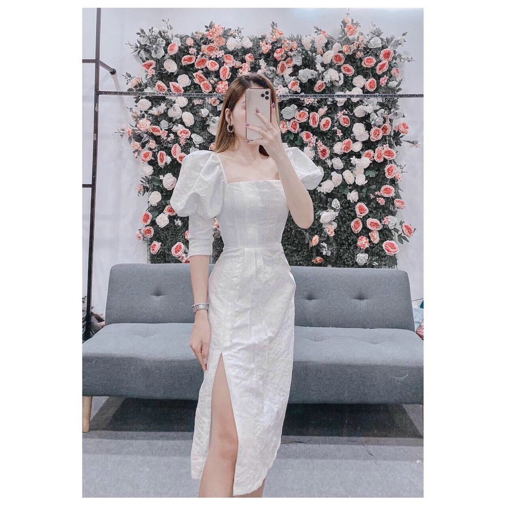 [CÓ SẴN] Đầm Gấm Xẻ Tà Tay Phồng đầm trắng dáng dài xòe dự tiệc công chúa bigsize giá rẻ đẹp ld2