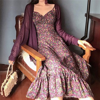 V-neck high waist strapless floral strap dress long skirt + thin section sun protection cardigan