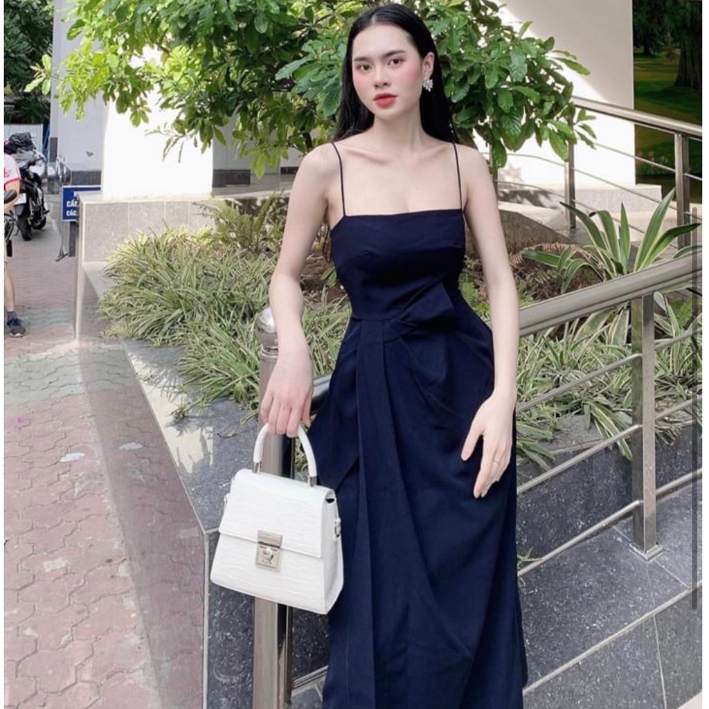 Đầm 2 dây xanh đen nhún lệch (có ảnh thật) | BigBuy360 - bigbuy360.vn