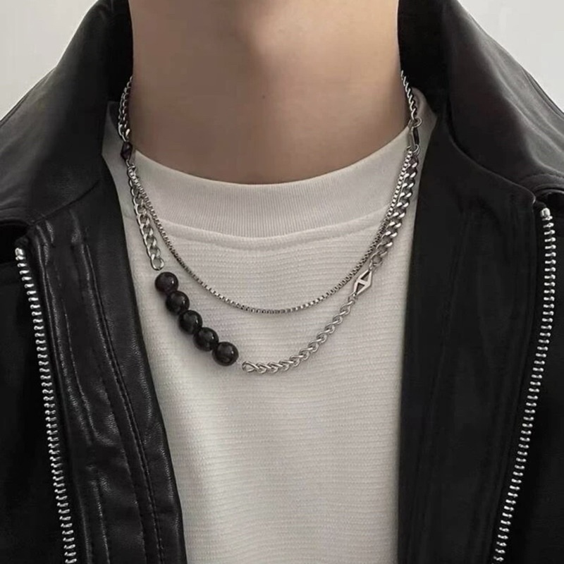 Vòng cổ xếp lớp trang trí hạt bằng thép titan không gỉ - Dây chuyền unisex cho nam nữ
