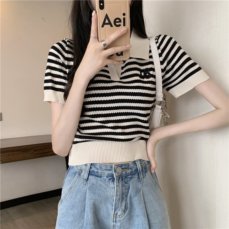 Áo Thun polo Dệt Kim Tay Ngắn Dáng Ôm Thêu Họa Tiết Kẻ Sọc Thời Trang Xinh Xắn Cho Nữ