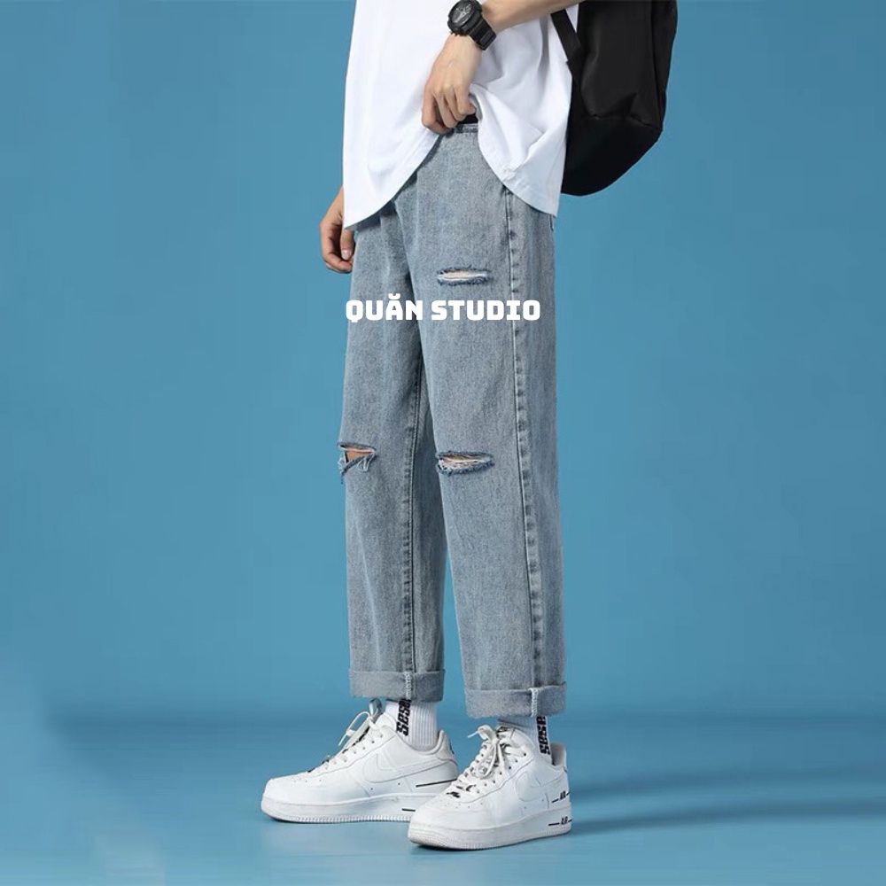 Quần Baggy Nam Rách Gối Quăn Studio - Quần Jean Nam Màu Xanh Vừa Rách Gối 2 Form Chuẩn Hàn Quốc QRG03