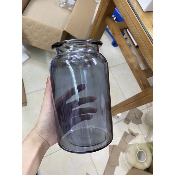 Bình hoa thủy tinh vintage màu khói xám, hổ phách, hoạ tiết trơn basic