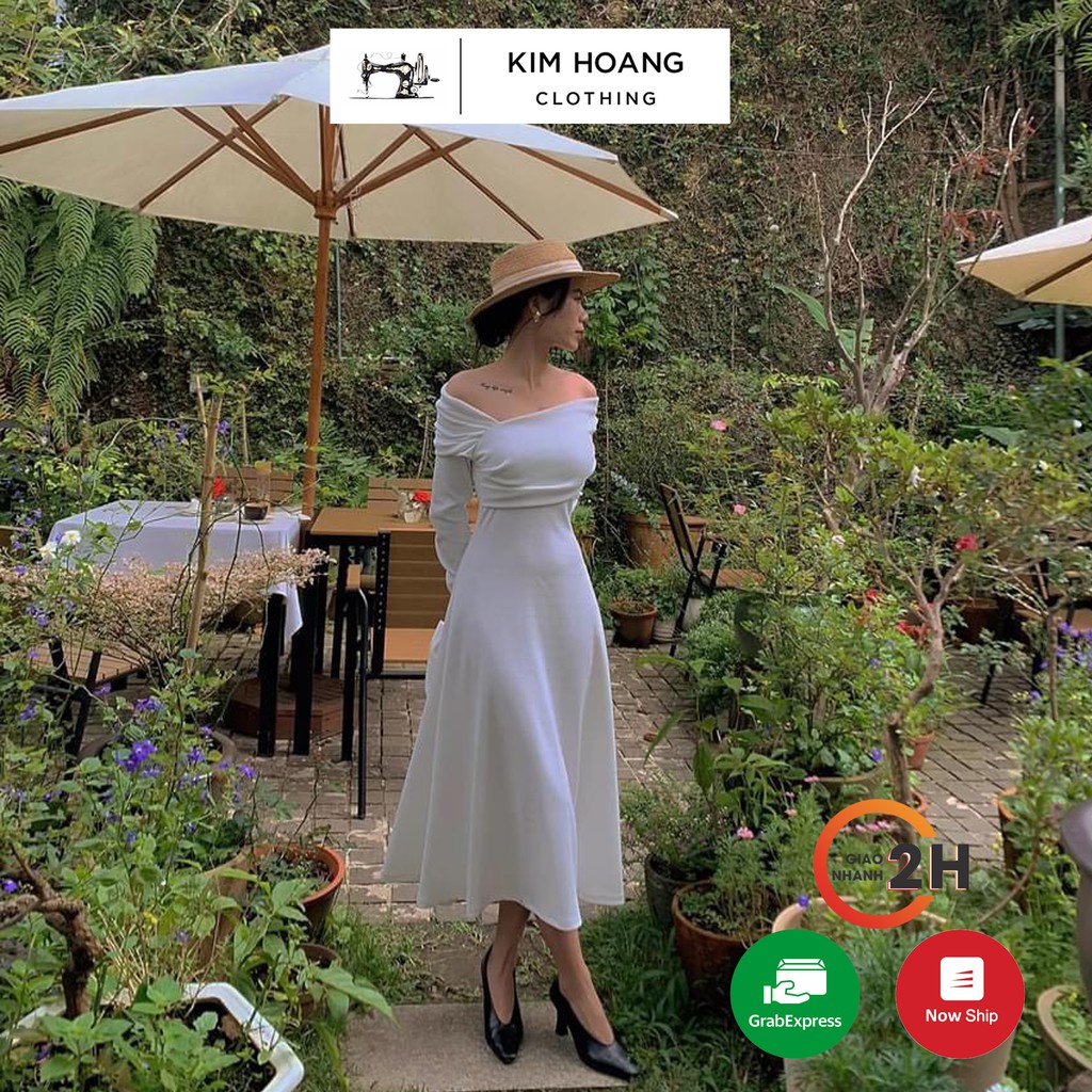 Đầm Dự tiệc trễ vai màu trắng body tay dài hàng thiết kế chính hãng Kim Hoàng - (Mẫu Trễ Vai)
