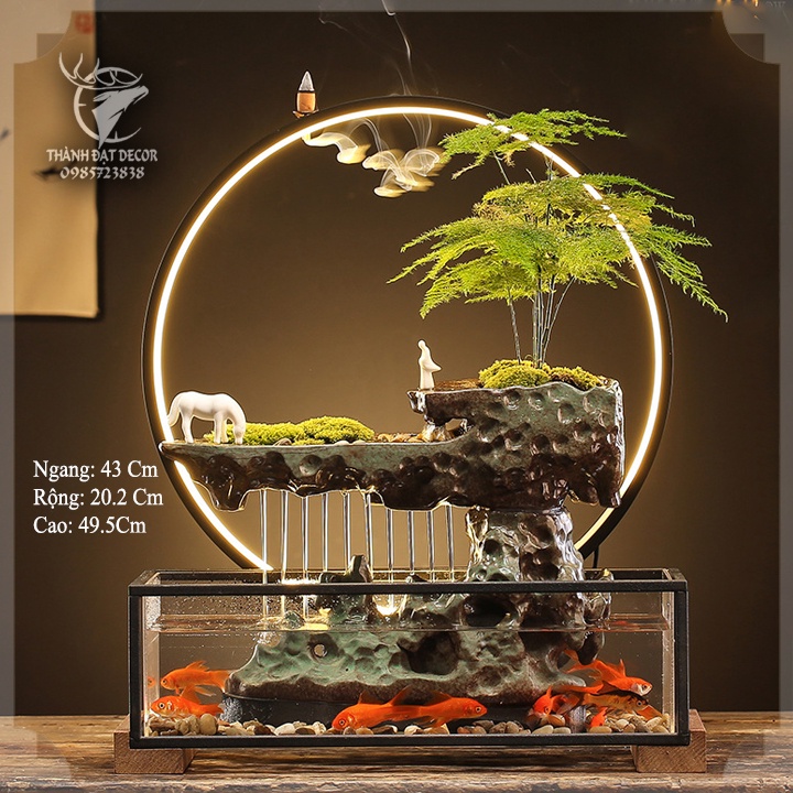 Thác nước Hồ Cá phong thủy size 49cm , thác khói trầm hương có đài phun nước tự động kèm đèn LED cao cấp