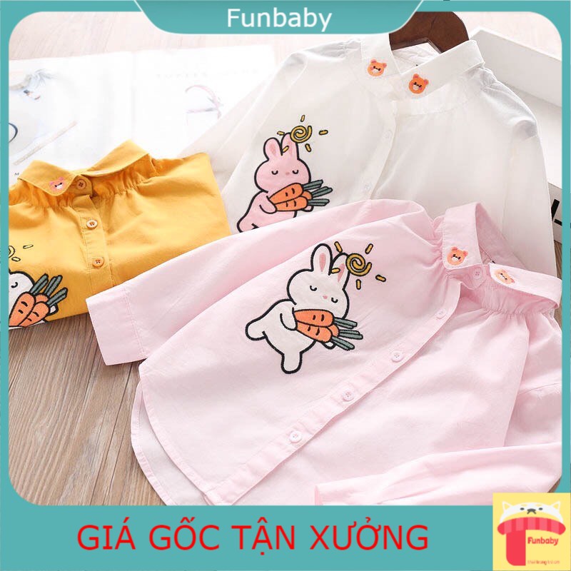 Áo sơ mi cho bé gái dài tay 3-10 tuổi thêu thỏ cà rốt, Sơ mi trẻ em chất liệu vải thô cao cấp kiểu dáng thời trang