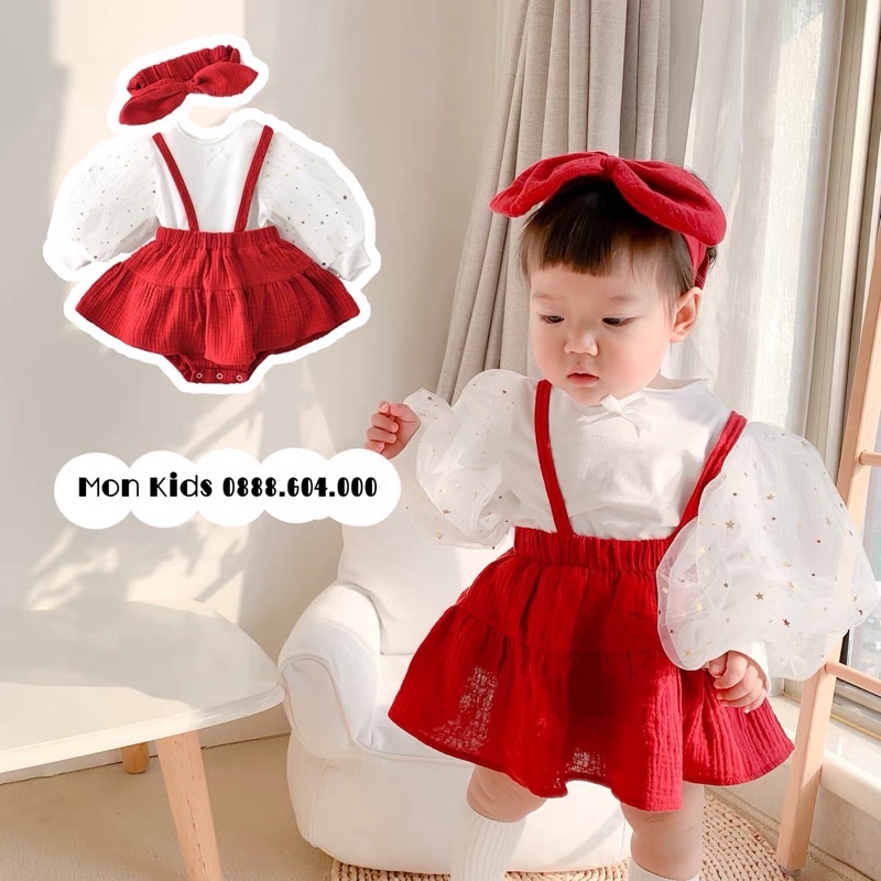 Sét váy 3 món gồm áo, nơ và váy 2 dây có quần chíp siêu dễ thương cho bé từ 4-14kg