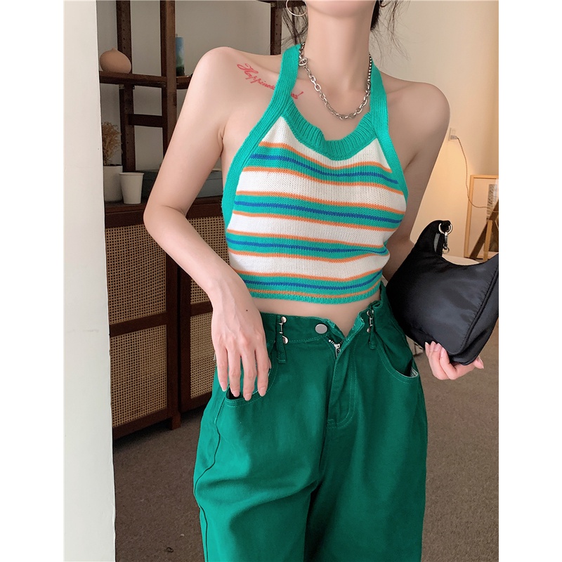 Áo Dệt Kim Cổ Yếm Hở Lưng Họa Tiết Kẻ Sọc Ngọt Ngào