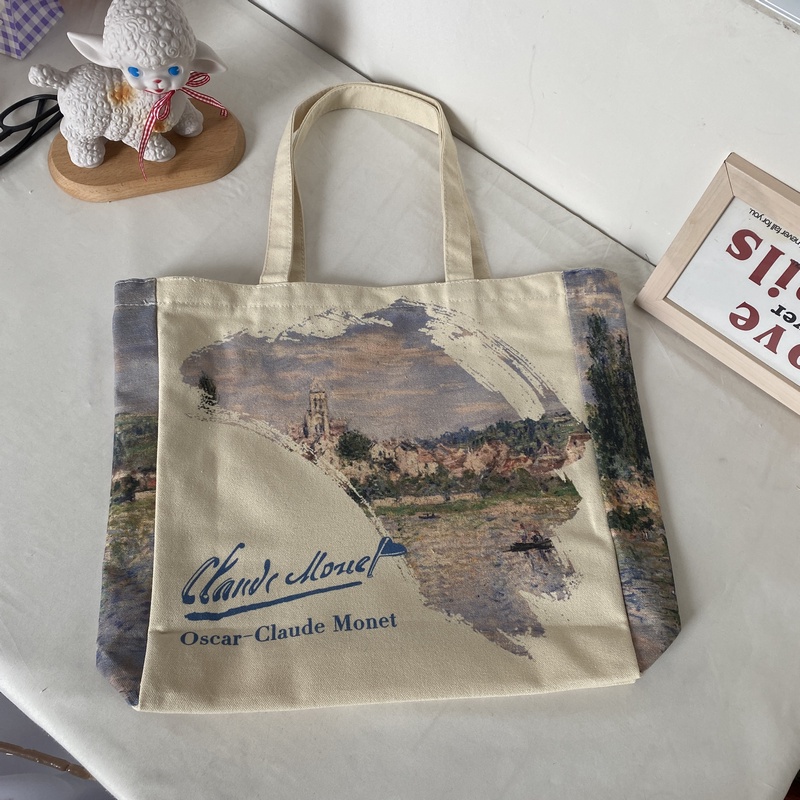 Túi Tote Vải Canvas Cỡ Lớn Họa Tiết Tranh Sơn Dầu Dễ Thương