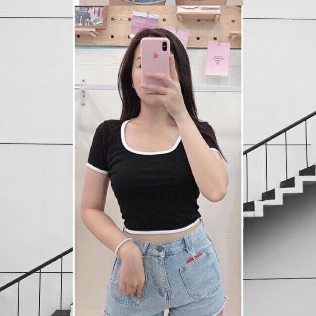 Áo Croptop phối viền Tay Ngắn Cổ U - HÌNH THẬT VIDEO