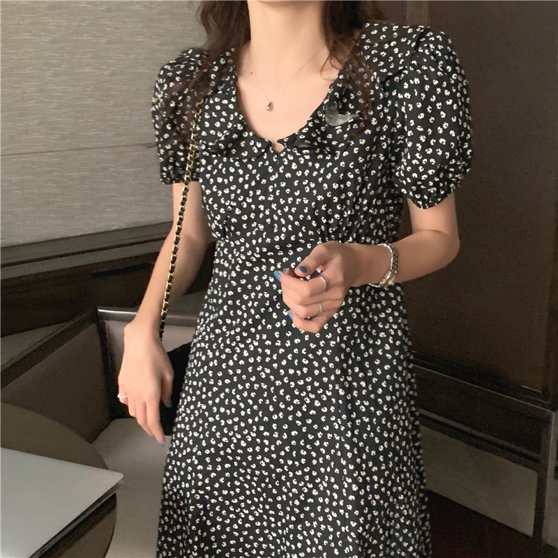 Đầm Hoa Tay Phồng Cổ Chữ V Phong Cách Retro Hàn Quốc 44024