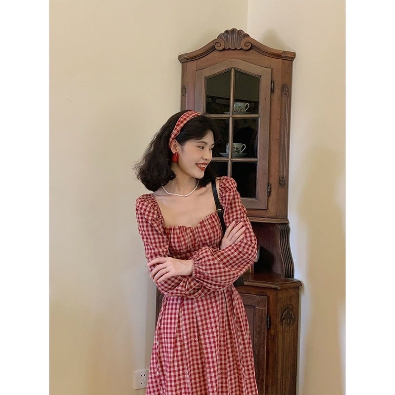 Đầm tay dài họa tiết sọc caro phong cách cổ điển kiểu dáng mới