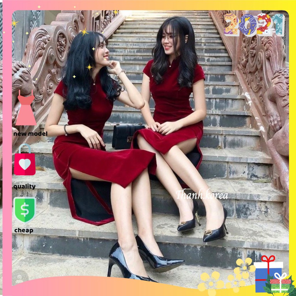 Đầm thiết kế đầm nữ nhung đỏ sườn xám mặc diện tết dự tiệc dạo phố cực xinh mã [SƯỜN XÁM