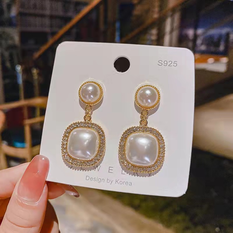 Bông Tai Mạ Bạc 925 Hình Vuông Đính Ngọc Trai Sang Trọng Cho Nữ