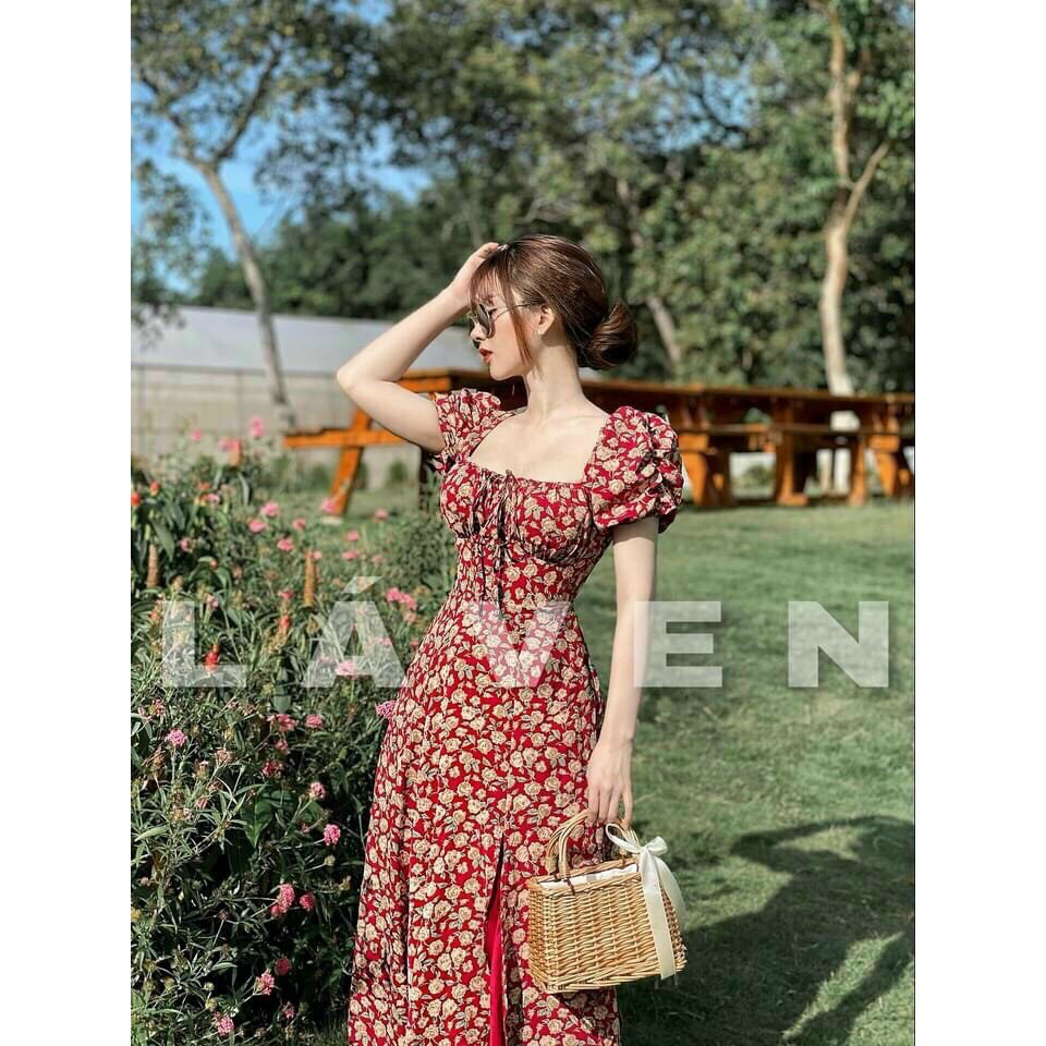 Đầm nữ lụa hoa xẻ tà nhún ngực cổ vuông màu đỏ tươi trẻ, xinh xắn
