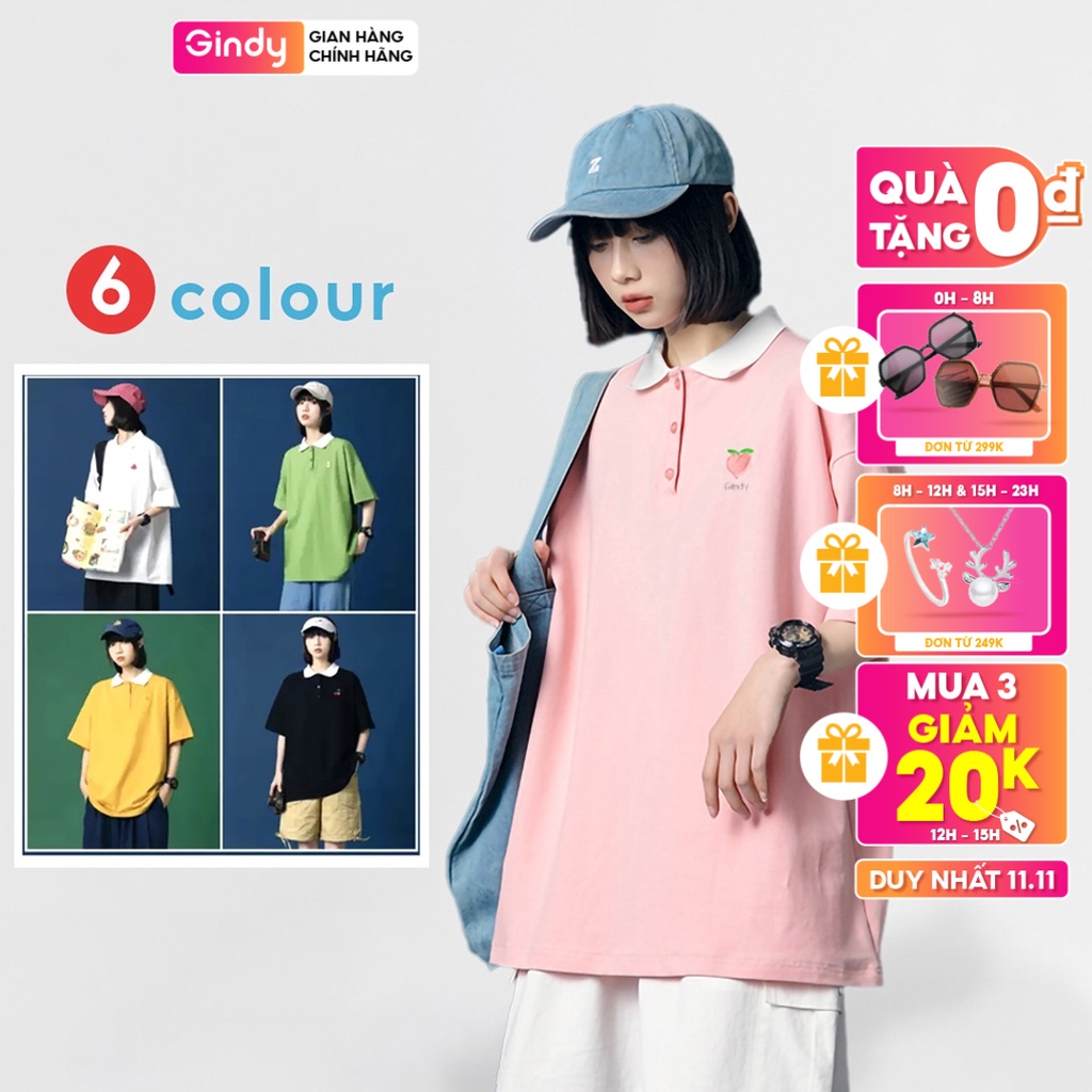 Áo phông nữ polo GINDY họa tiết hoa trái cây cổ bẻ cotton tay lỡ form rộng unisex basic vải cotton thoáng mát A8105