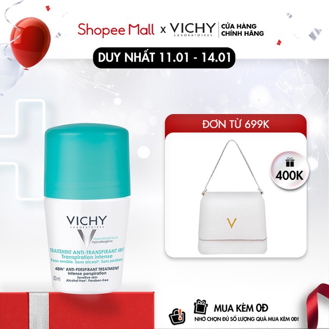 [Mã FMCGMALL -8% đơn 250K] Lăn khử mùi và khô thoáng vùng da dưới cánh tay 48H Vichy Anti-perspirant 50ml