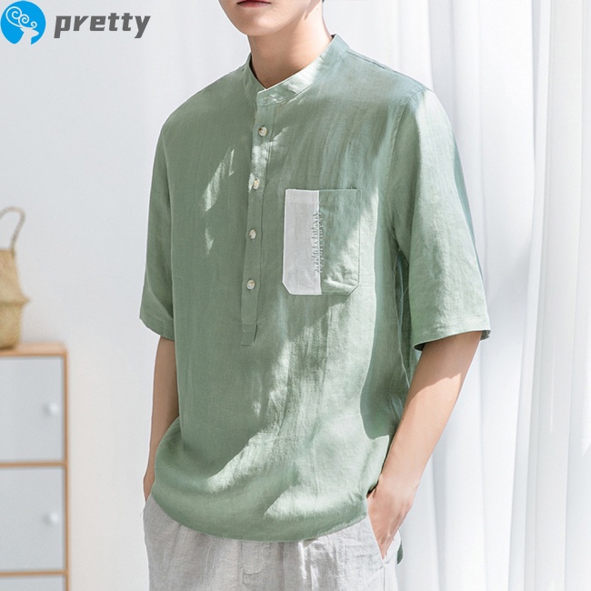 Jazeel Men  T-shirt Summer Cotton Linen Stand-up Collar Short-sleeved Casual Shirt