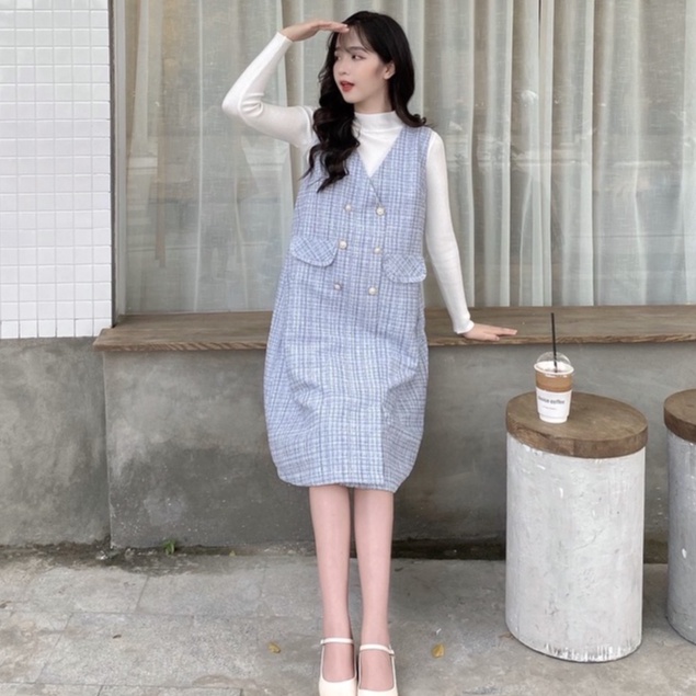 MEDYLA - Đầm bầu yếm công sở dạ thu đông giữ ấm cho mẹ bầu - VY023