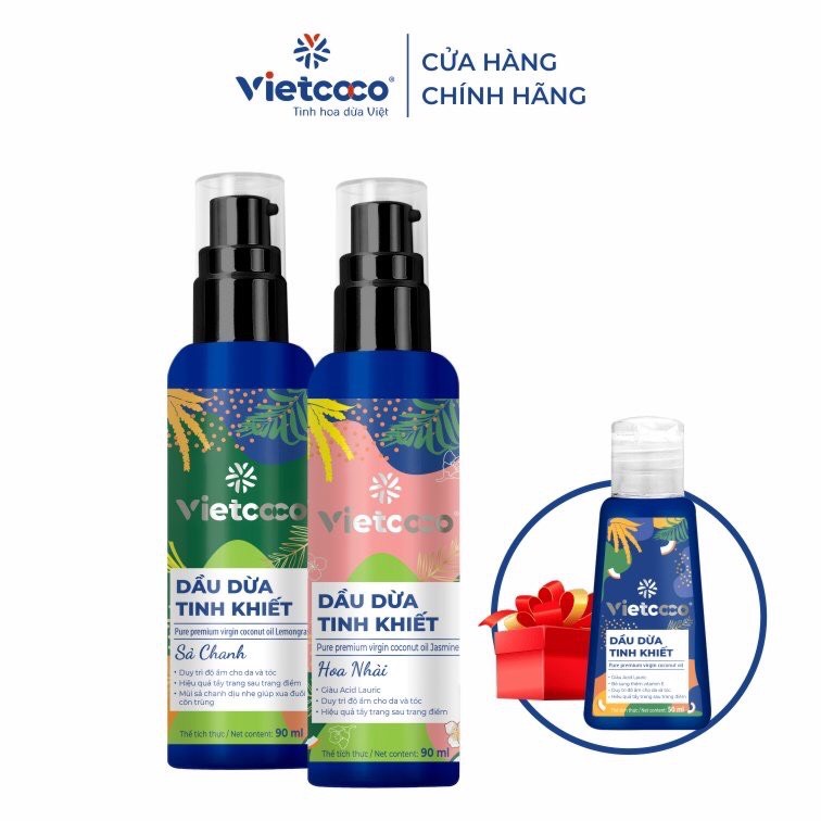 Combo 2 chai Dầu dừa tinh khiết mỹ phẩm Vietcoco 90ml/Chai - Hương Hoa Nhài và Sả Chanh