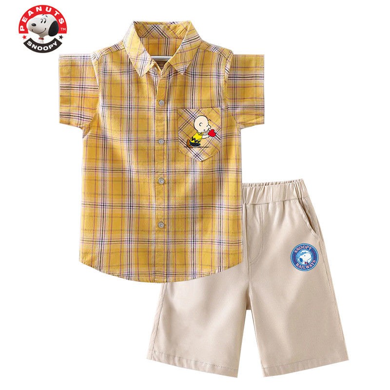 SNOOPY Snoopy Boys 2021 bộ đồ mới, bé trai cao lớn, áo sơ mi kẻ sọc đẹp trai và thời trang, bé trai hai mảnh