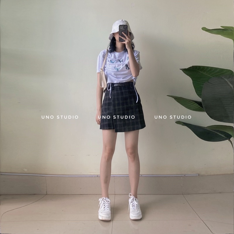 Chân váy dạ kẻ caro màu xanh đen vạt chéo kèm nịt