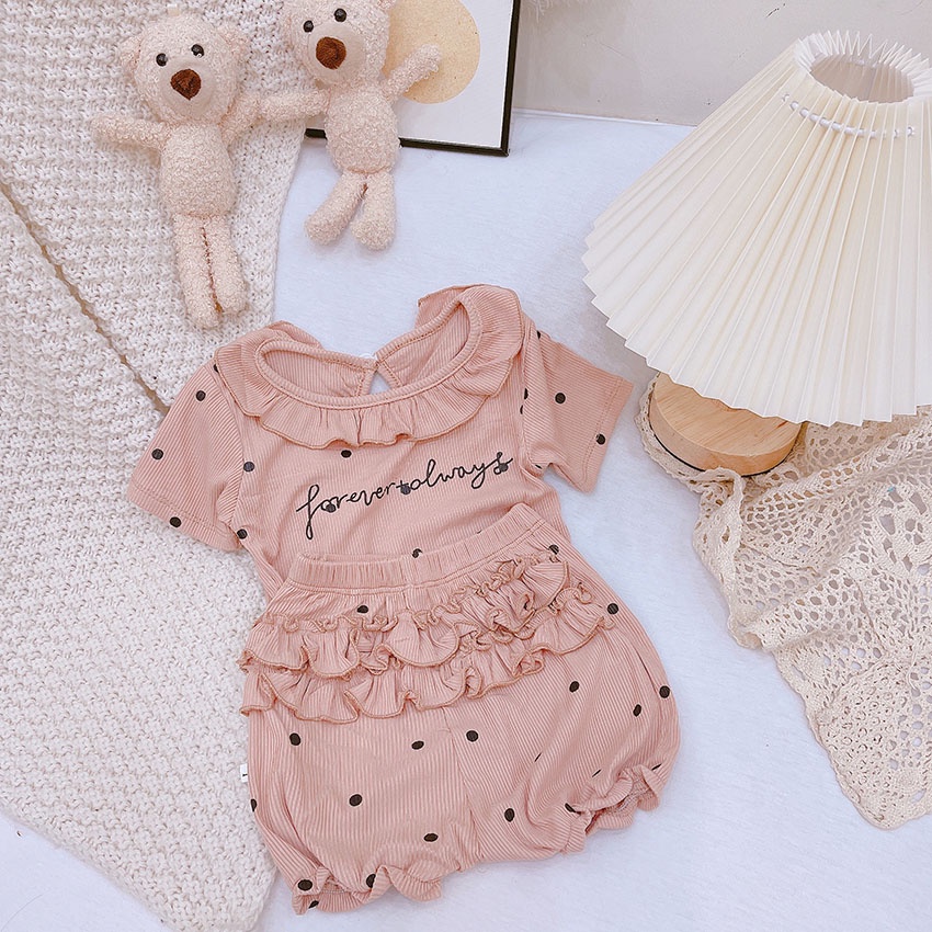 Bộ Quần Áo Trẻ Em Cộc Tay FOREVER ALWAYS Chấm Bi Bèo Vải Tăm Lạnh Cho Bé Gái Từ 8-20kg