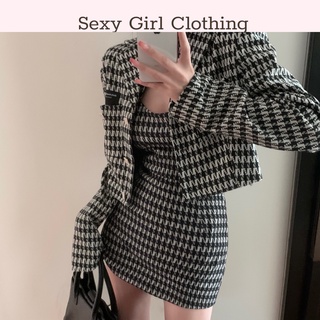 Set váy body áo khoác và váy, set bộ đầm áo khoác kẻ và đầm body cổ yếm.