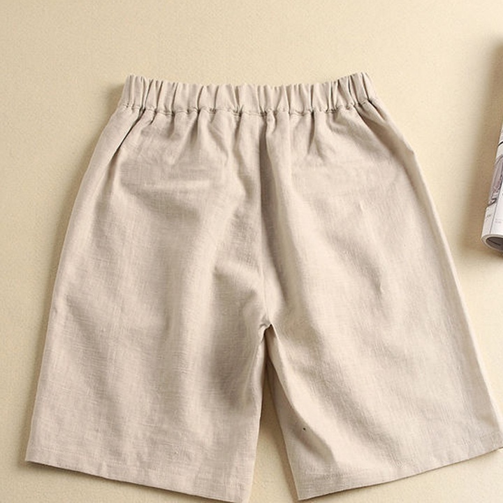 Quần short nữ vải đũi dáng ngố đùi lưng cao ống rộng khuy trước khóa thật mặc ở nhà M15